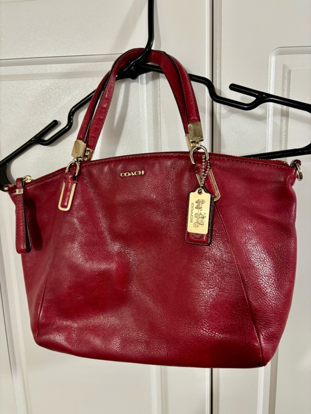 COACH Wine Red Colored Leather Tote Bag with Gold Hardware